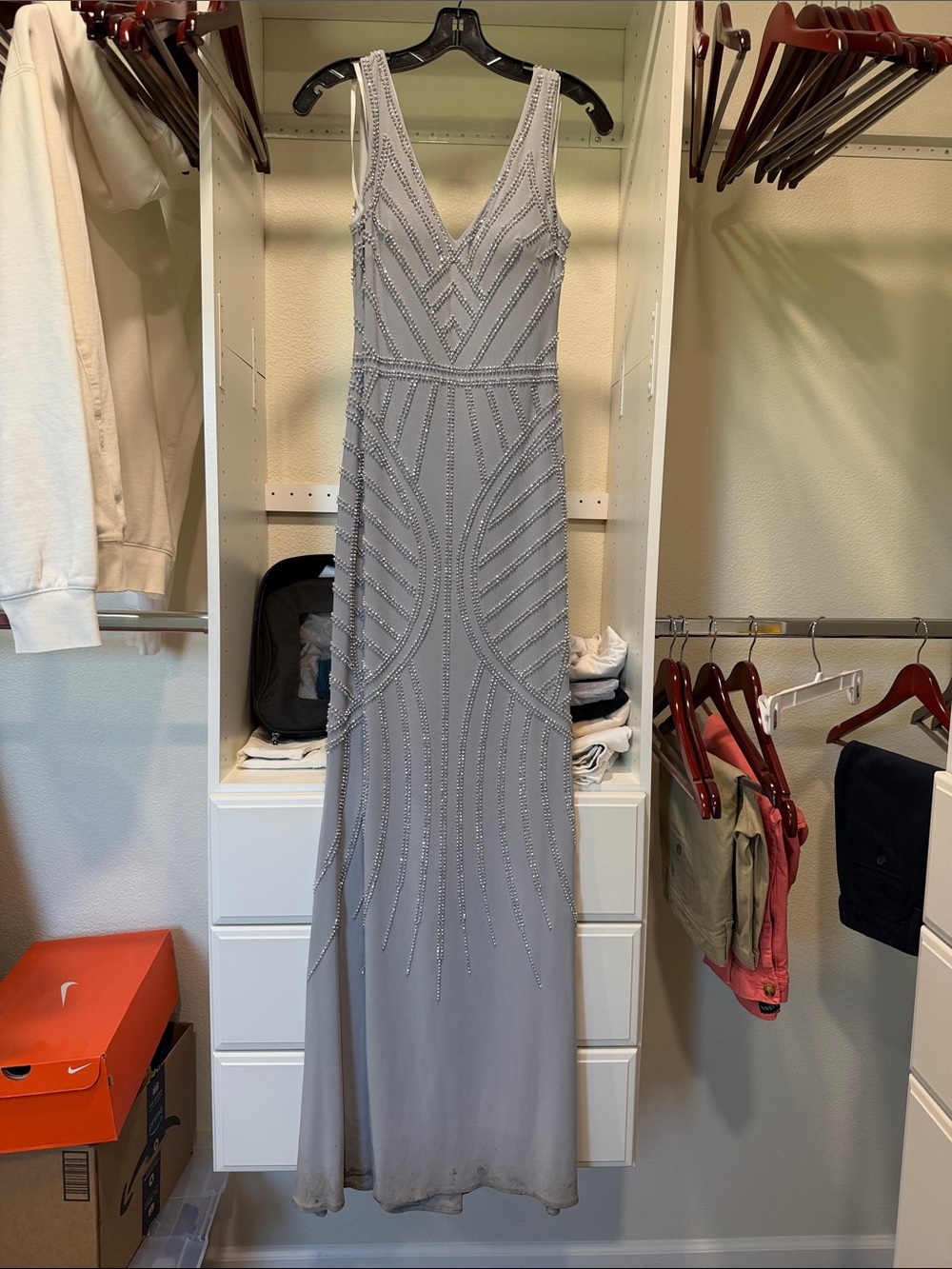 Aqua Beaded V-Neck Maxi Dress in Light Gray